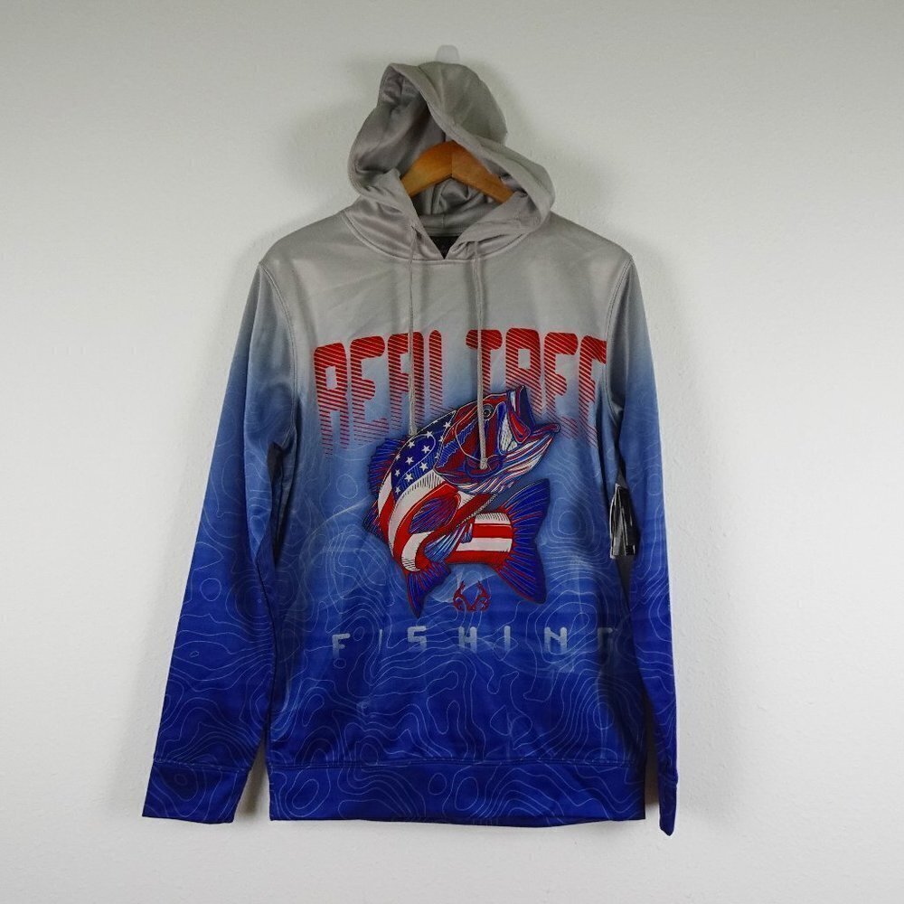 Real Tree Fishing Hoodie Sweatshirt Men's Size S Blue Red Fish Theme Patriotic